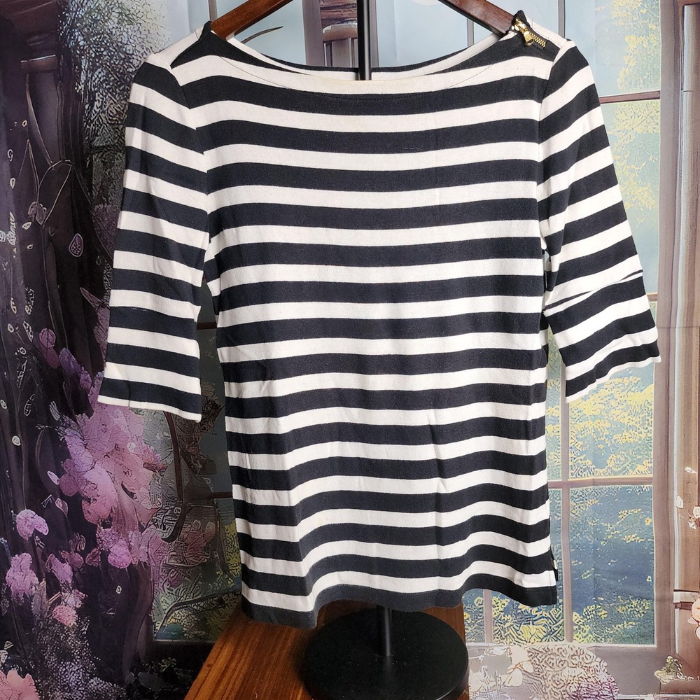 S Old Money Lauren Ralph Lauren Striped Tee, Zipper Accent Shoulder, Size Small